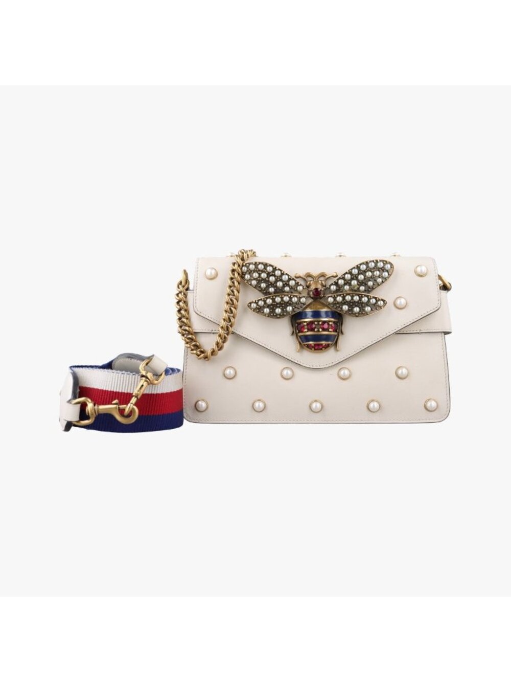 Gucci Broadway Pearl Bee White Leather